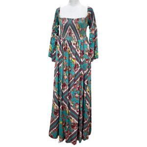 Torrid Challis Floral Maxi Dress Size 1 (14/16) Teal Boho Cottagecore Coquette